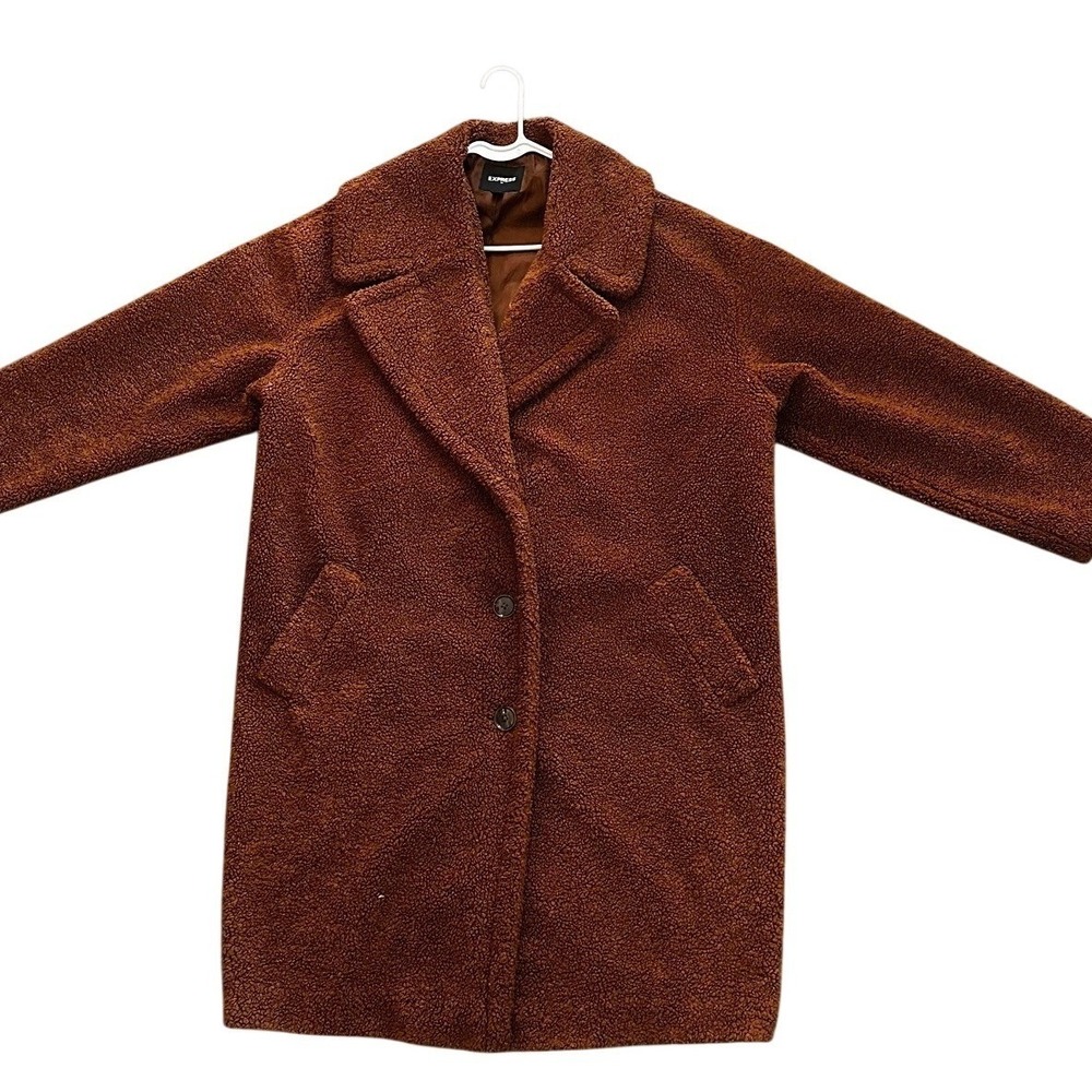 Express Womens Rust Brown Teddy Coat Faux Fur‎ Sherpa Jacket XL Notched Lapel